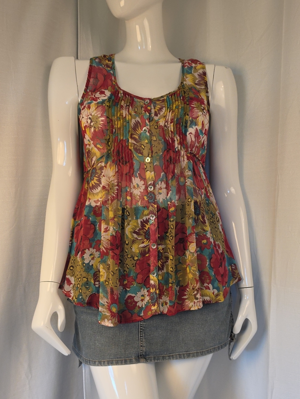 American Rag Floral Pleated Button-Front Summer Blouse in Red & Green Size XL